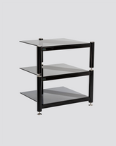 Full view of VAP AV rack in stainless steel and glass