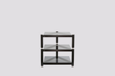 Front view of the VAP AV rack set with stainless steel frame and tempered glass shelves.