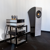 Lifestyle image of the VAP AV rack integrated into a modern home audio setup.