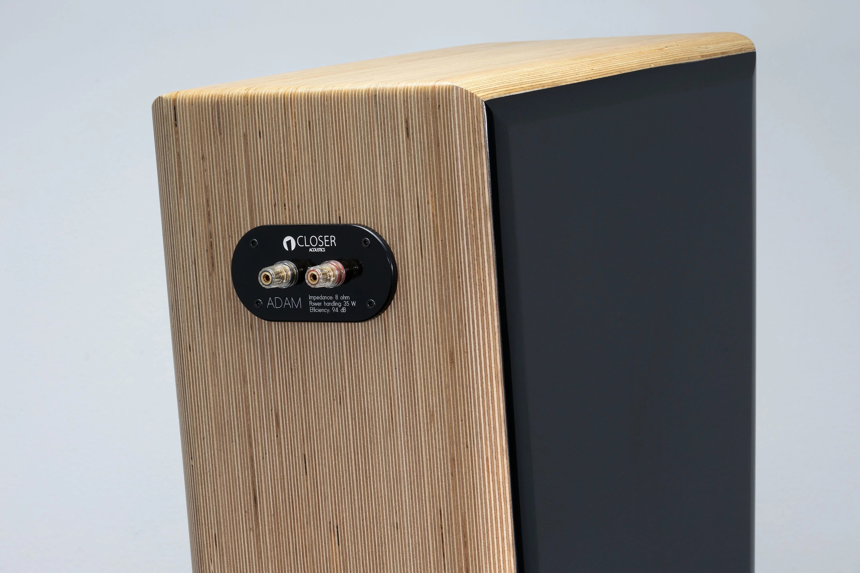 Closer Acoustics Adam floorstanding loudspeaker rear close-up – detailed view of the rear design, emphasizing the refined craftsmanship and connection options