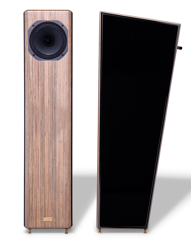 Closer Acoustics Allegra Classic loudspeakers – pair – front and side view showcasing the sleek design and premium wood finish
