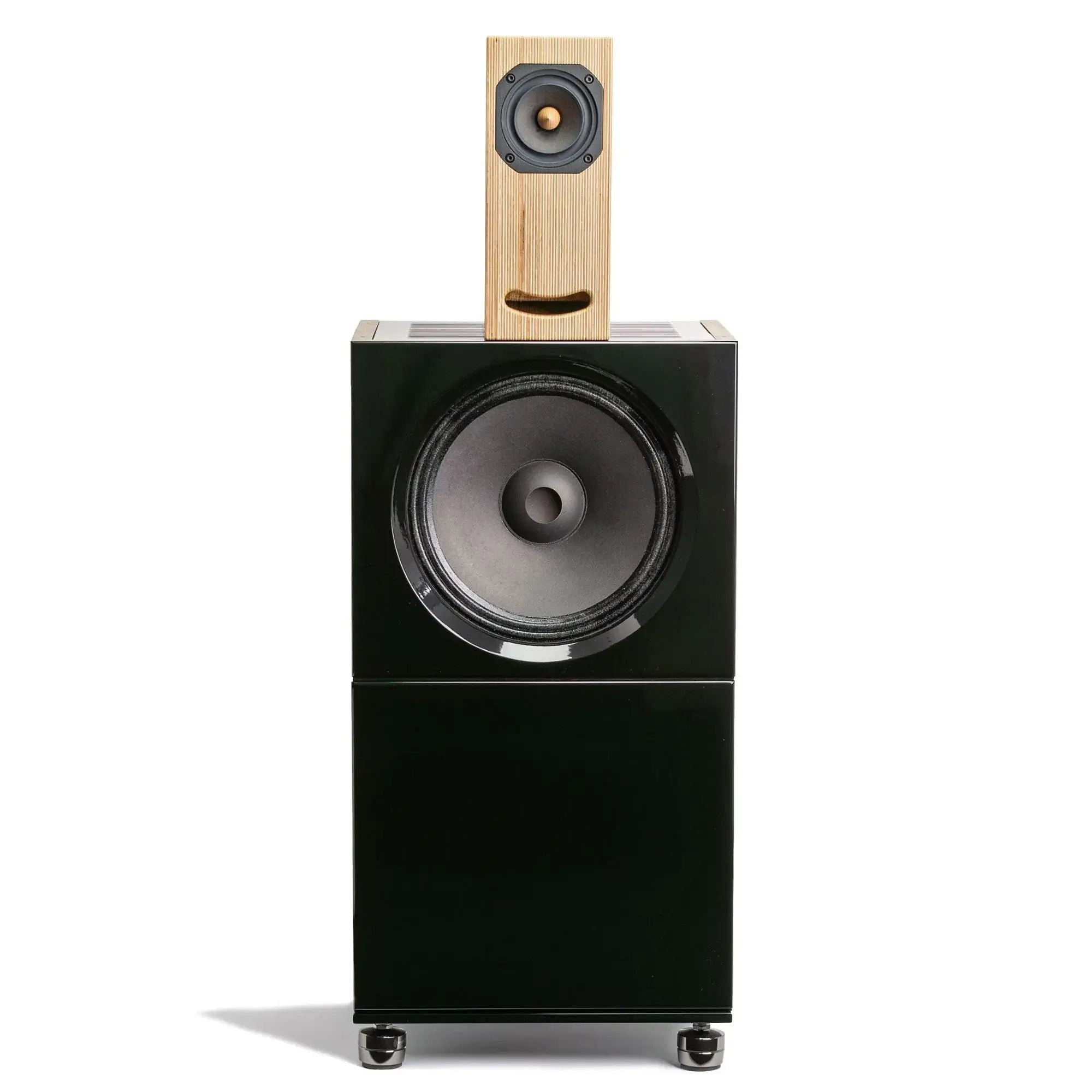 Closer Acoustics BLOCKS Speaker System in black with plywood detailing – showcasing the stylish and modern design of the complete set
