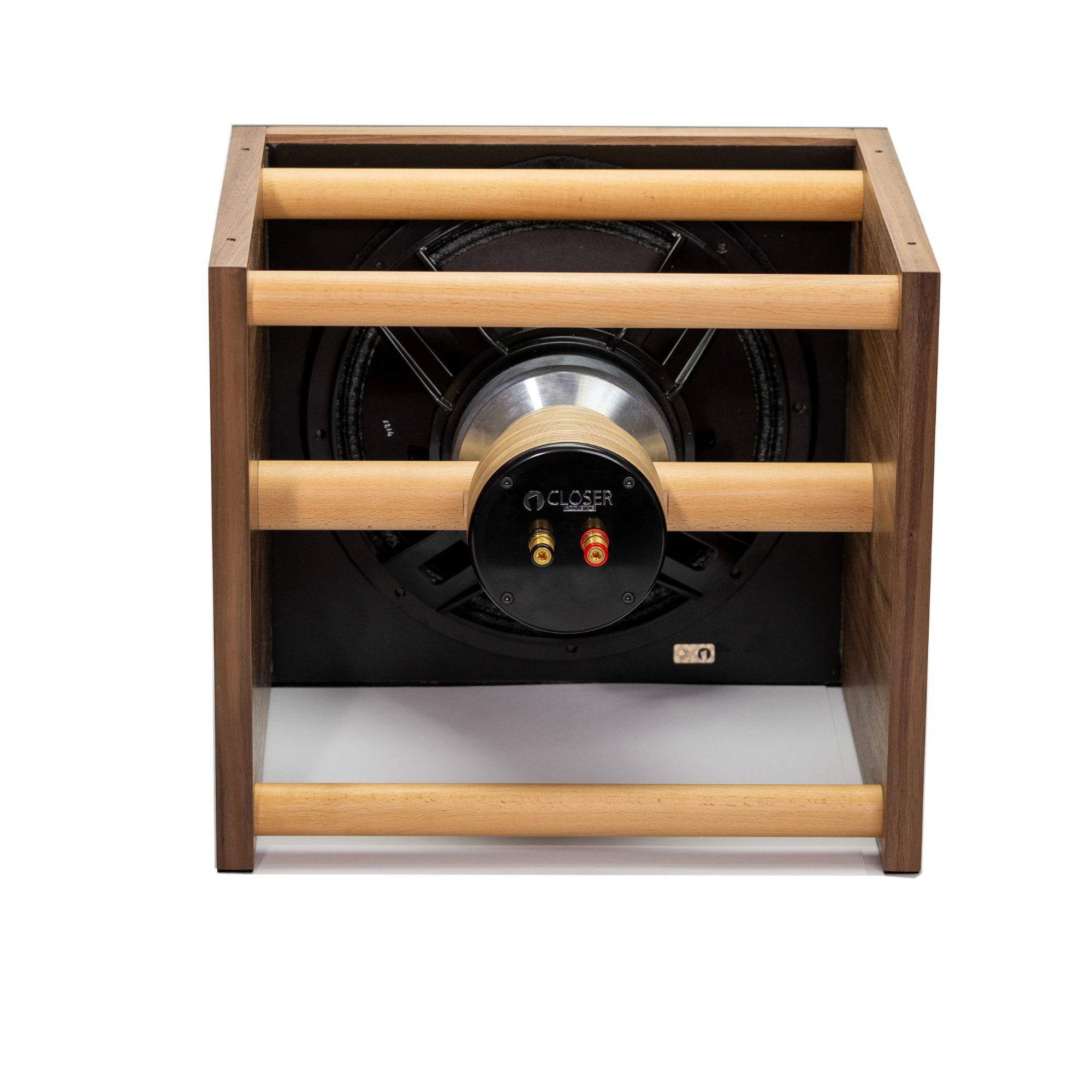Closer Acoustics OKHO speaker in black – rear panel close-up, featuring high-quality material and connectors