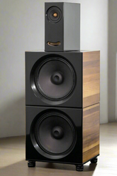 Closer Acoustics BOB + BOB + OGY in black, placed in a listening room, showcasing the speakers’ sleek design and premium acoustic performance in a stylish environment