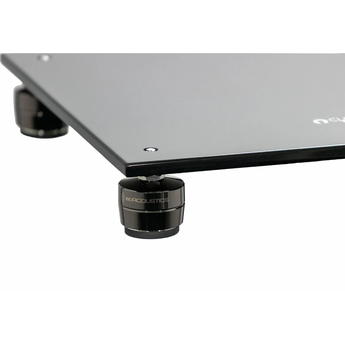 Closer Acoustics Loudspeakers Platform – close-up of the corner of the black platform, highlighting the sturdy build and sophisticated design for optimal speaker support