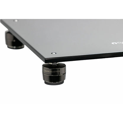 Closer Acoustics Loudspeakers Platform – close-up of the corner of the black platform, highlighting the sturdy build and sophisticated design for optimal speaker support