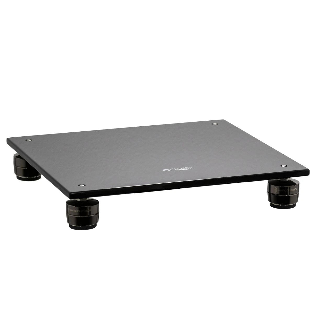 Closer Acoustics Loudspeakers Platform – black pair, angled top view emphasizing the elegant design and optimal surface for isolating vibrations and improving sound quality