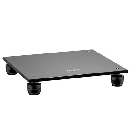 Closer Acoustics Loudspeakers Platform – black pair, angled top view emphasizing the elegant design and optimal surface for isolating vibrations and improving sound quality