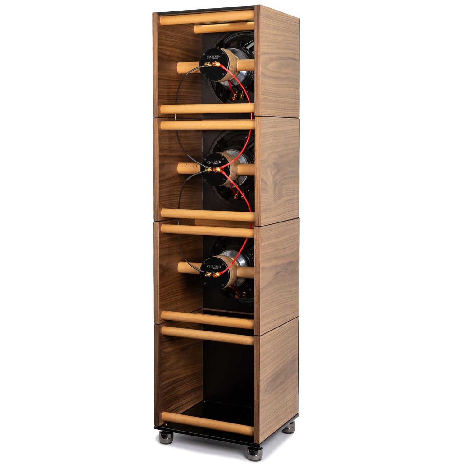 Closer Acoustics BLOCKS Speaker System rear view with cables connected – showing the clean design and cable management for an organized audio system