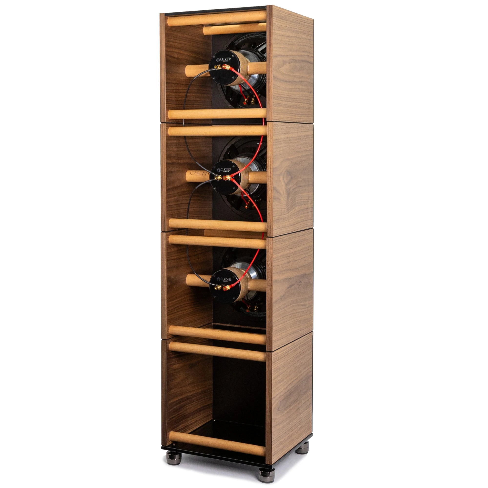 Closer Acoustics BLOCKS Speaker System rear view with cables connected – showing the clean design and cable management for an organized audio system