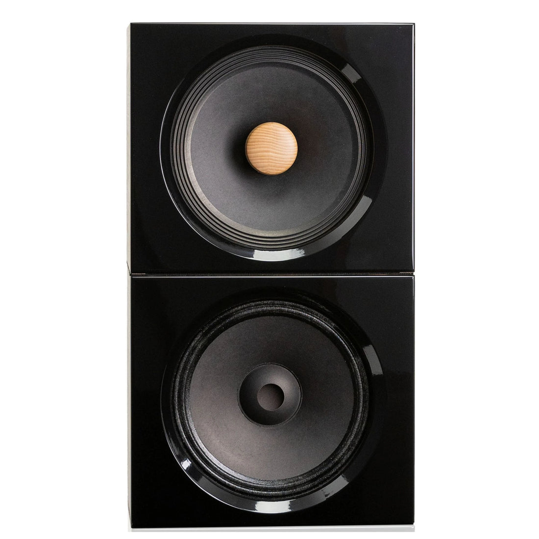 Black Closer Acoustics OKHO full-range speaker with matching BOB bass module in minimalist setup
