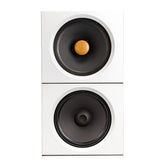 White OKHO full-range speaker paired with BOB bass module – elegant modular speaker system