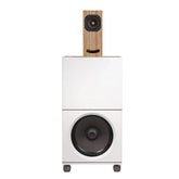 Closer Acoustics BLOCKS Speaker System – full system shot with white and plywood speaker finishes in opposite configuration