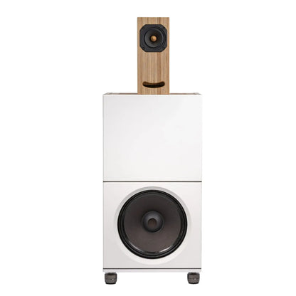 Closer Acoustics BLOCKS Speaker System – full system shot with white and plywood speaker finishes in opposite configuration