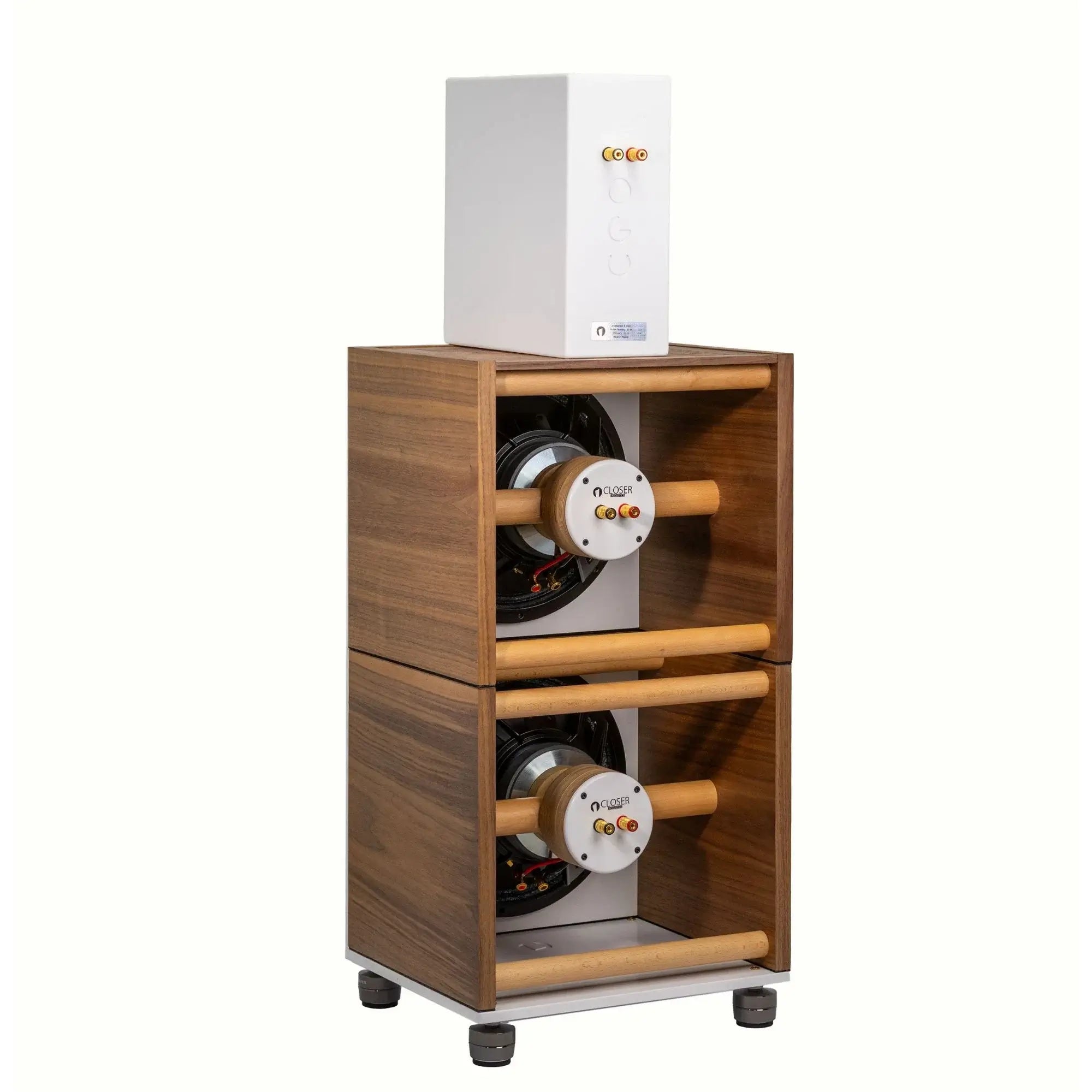 Closer Acoustics BLOCKS Speaker System in white, shown from the back to highlight the sleek design and rear panel details