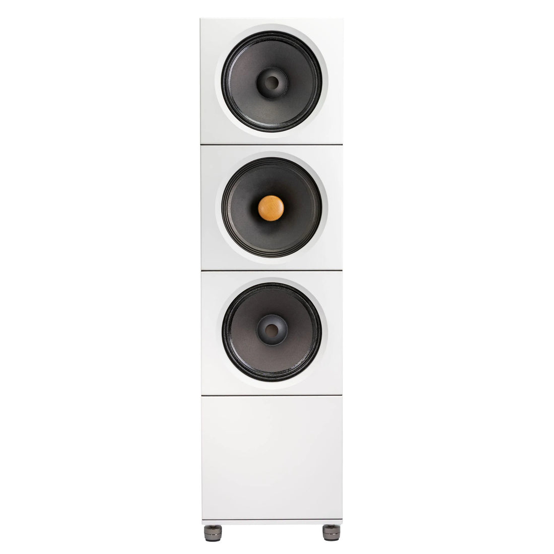 White Closer Acoustics BLOCKS speaker system with 2x BOB bass modules, OKHO full-range monitor, and BLANK stand – front view