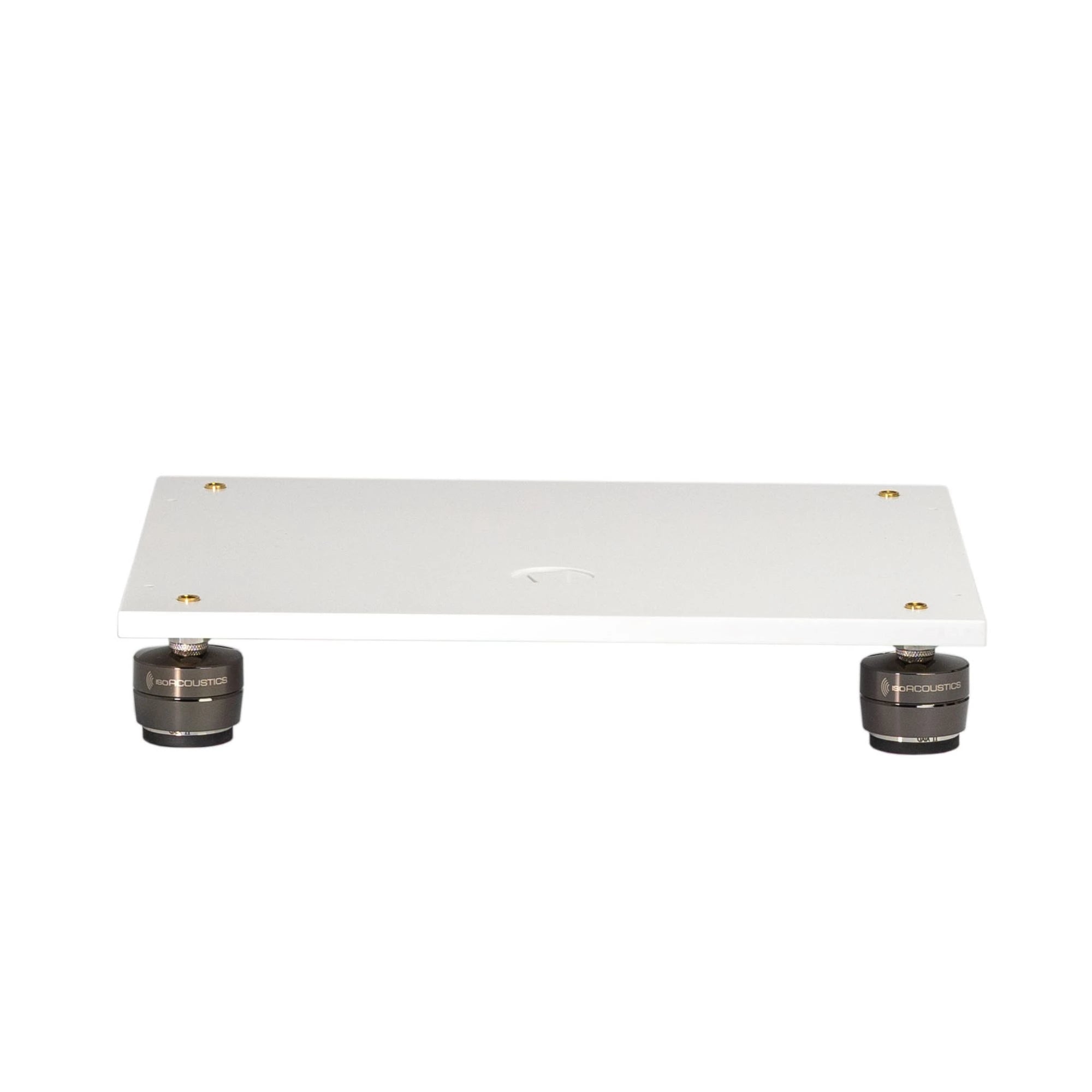 Closer Acoustics Loudspeakers Platform – white pair, front view showcasing the sleek design, premium materials, and refined finish for sound isolation
