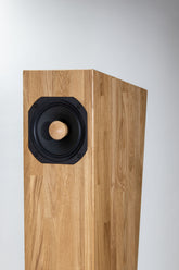 Closer Acoustics Forlane loudspeaker – close-up of top panel in walnut veneer showing wood grain texture