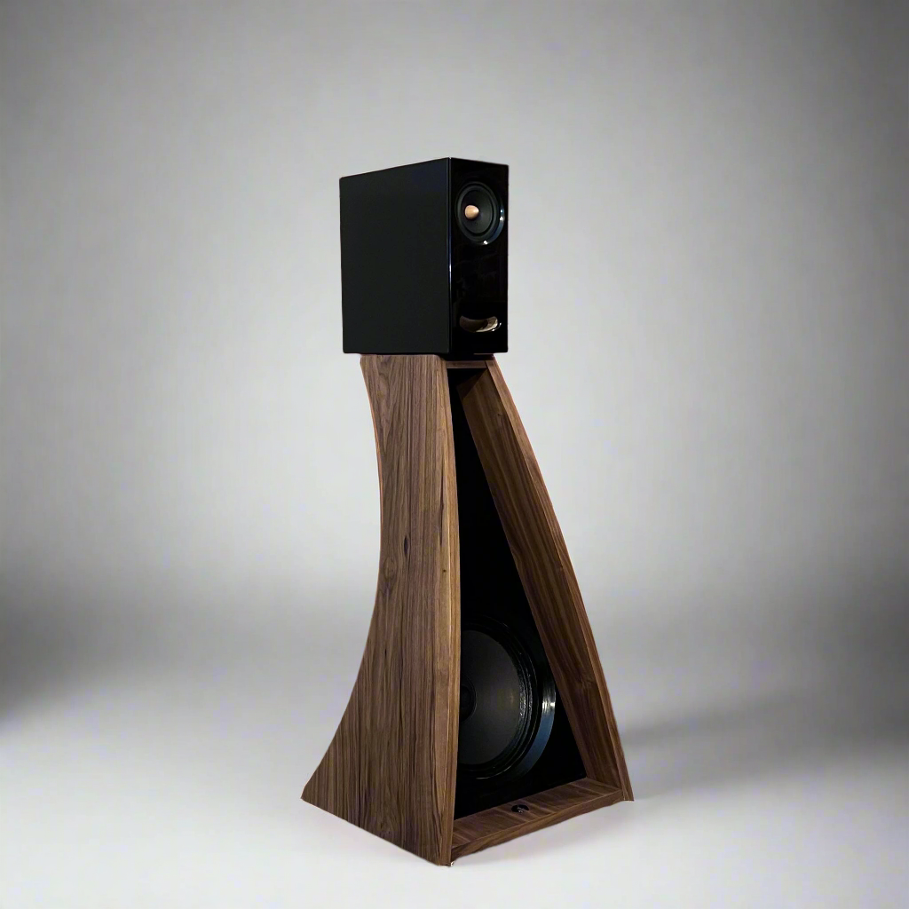 Studio photo of the Closer Acoustics The Full OGY Loudspeaker Set – Pair in American walnut finish, showcasing the elegant design and premium wood finish