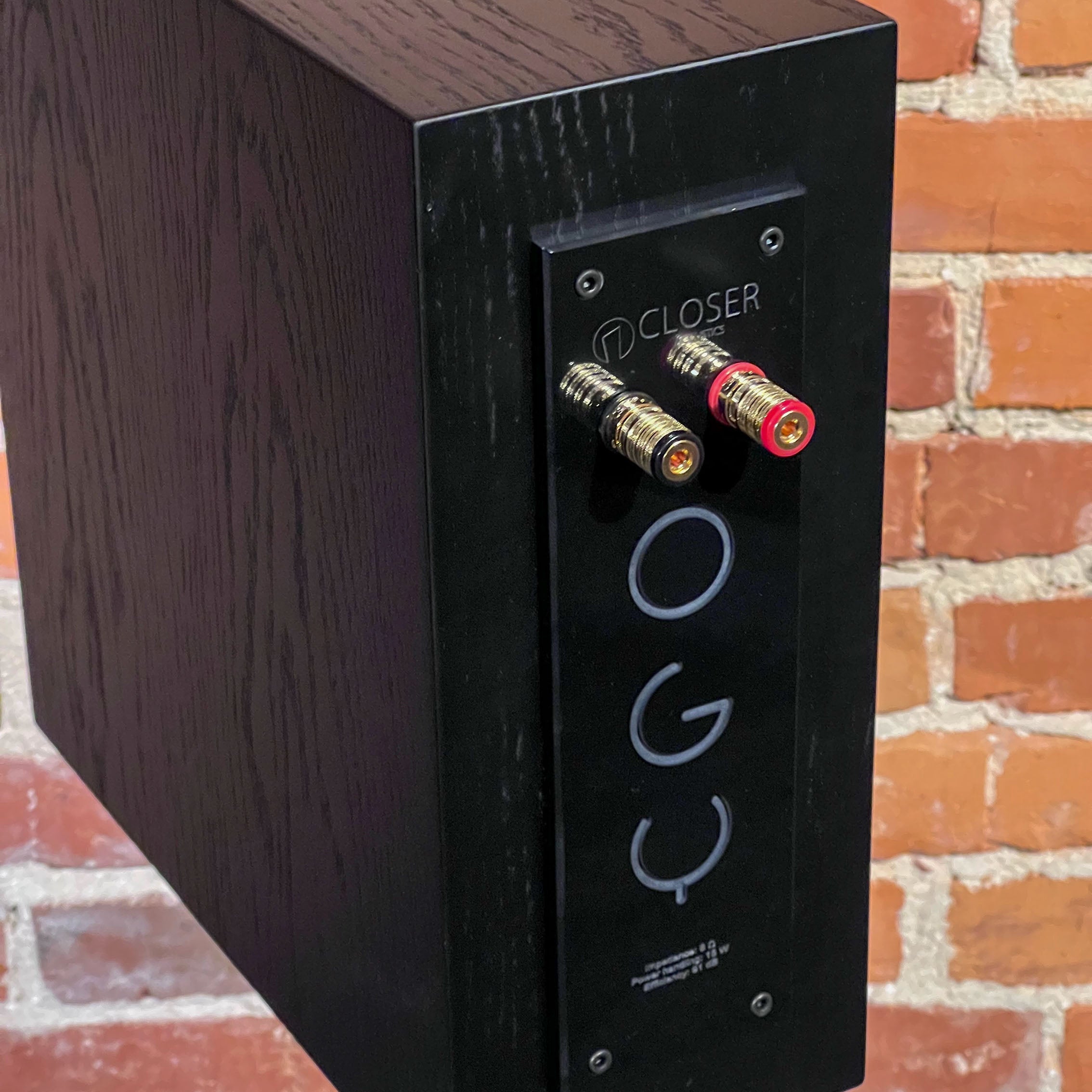 Close-up view of the back of the Closer Acoustics OGY Bookshelf Loudspeakers in oak veneer painted black, showcasing the detailed connections and robust construction.