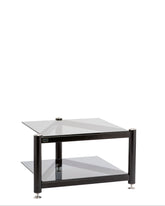Front view of VAP S2 AV rack with 2 glass shelves and stainless steel frame