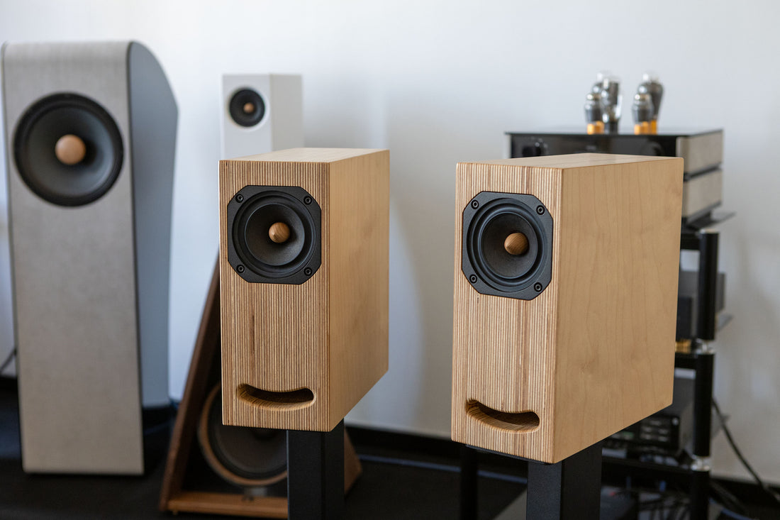 Nearly New - OGY bookshelf loudspeakers -pair- birch plywood finish