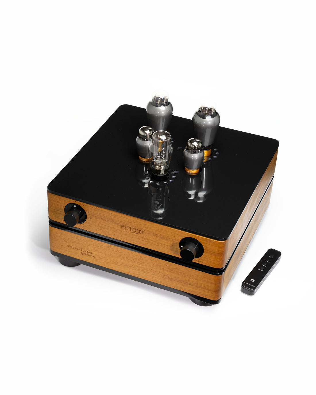 Top view of the Closer Acoustics 300B Provocateur Signature amplifier in Iroko finish, accompanied by the remote control, highlighting the sophisticated design.