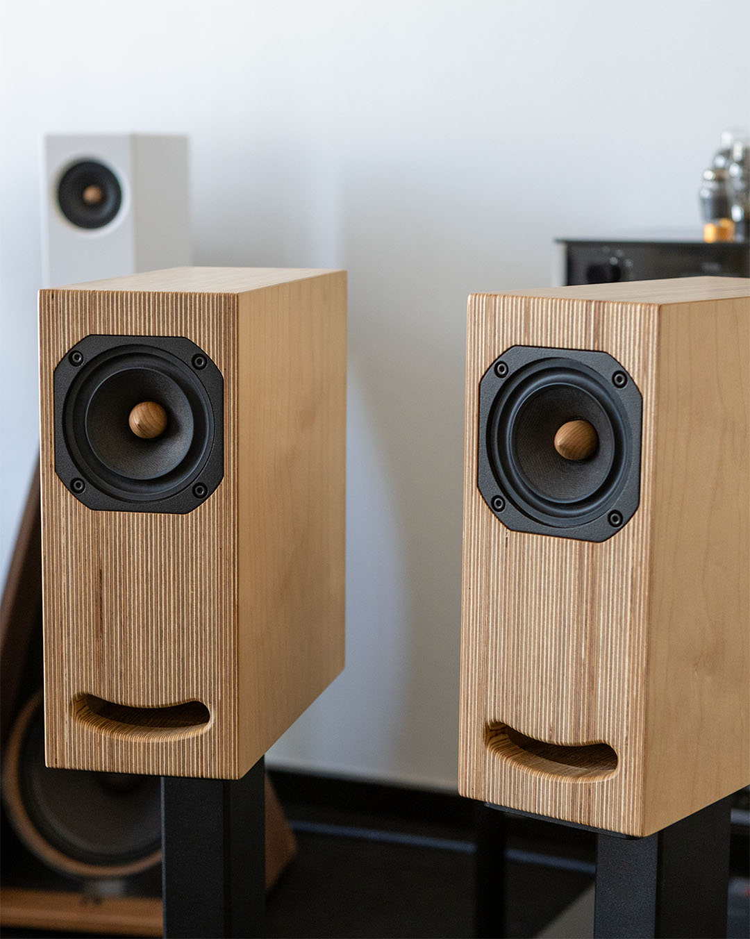 Nearly New - OGY bookshelf loudspeakers -pair- birch plywood finish
