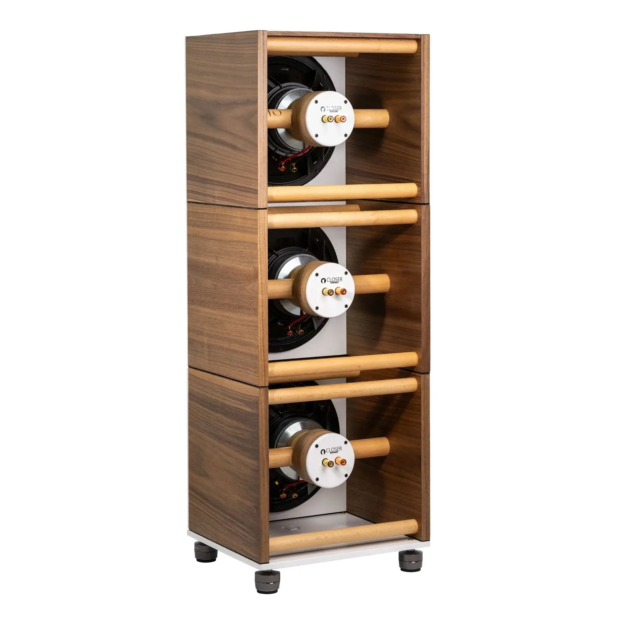 Closer Acoustics speaker rear panel – exposed, showcasing clean design with visible connections and high-end audio components