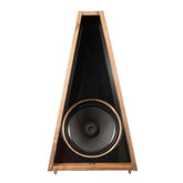 Front view of the OGY Bass Artisan Series speaker in solid American walnut with Corian front panel.