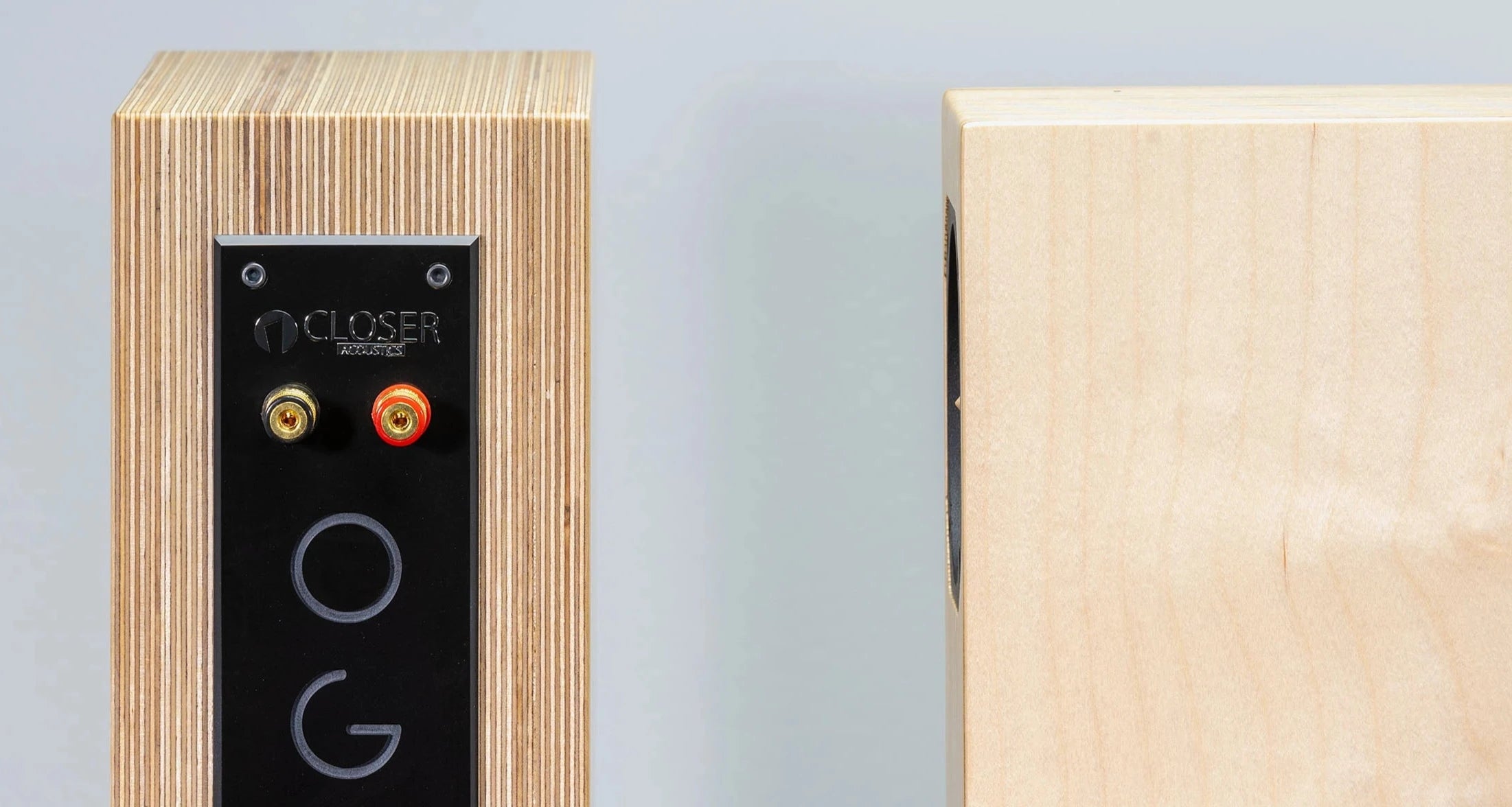 Closer Acoustics OGY natural plywood loudspeaker rear view – highlighting the premium build, speaker connections, and functional design