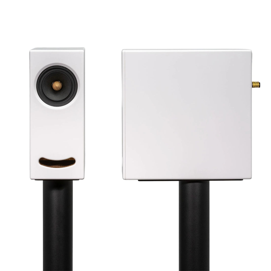 Closer Acoustics OGY White Corian speakers – front and profile view highlighting premium material.