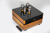 Audio amplifier with wooden front panel and glass cover on a white background