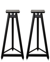 Two black Solidsteel SS-7 speaker stands placed side by side – front view