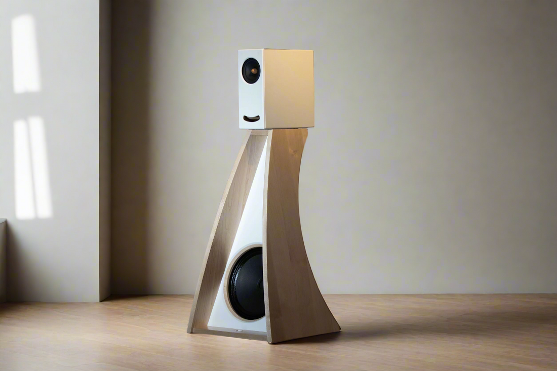 Front view of the Closer Acoustics The Full OGY Loudspeaker Set – Pair in solid maple finish, placed in a stylish listening room for a premium audio experience