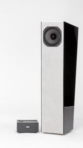 Allegra EX loudspeakers by Closer Acoustics – side profile showcasing field coil design and premium craftsmanship