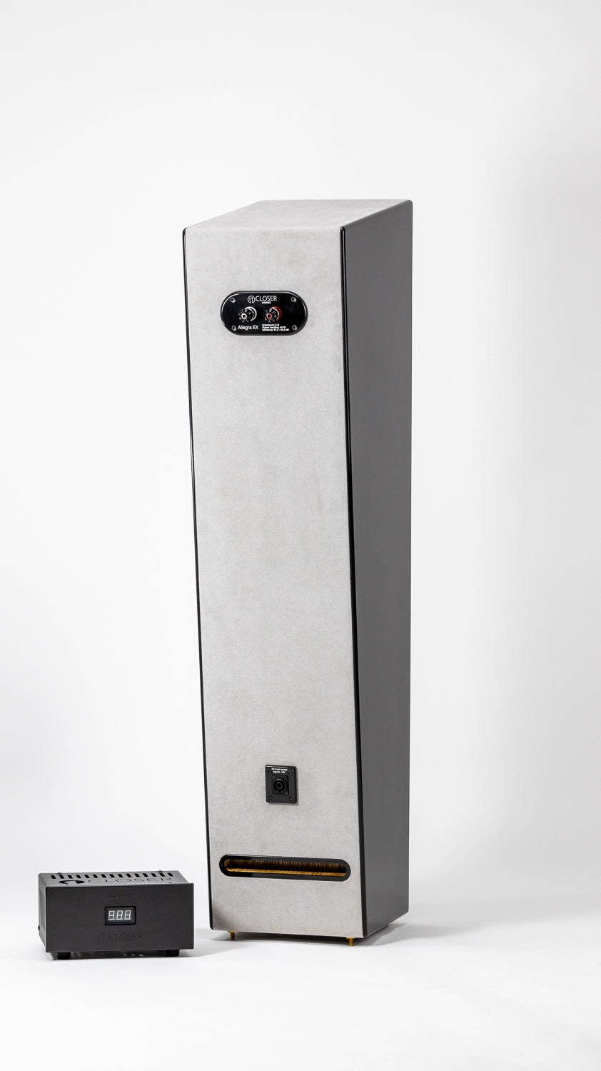 Allegra EX loudspeakers – profile shot with elegant wood finish and field coil technology visible