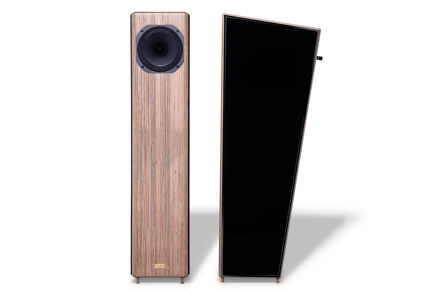 Pair of Closer Acoustics Allegra Classic loudspeakers positioned next to each other, highlighting the elegant design