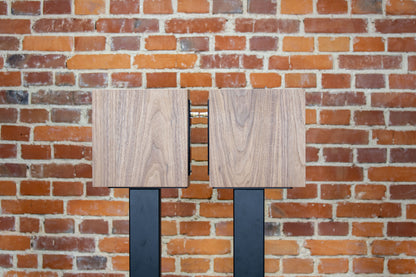 Closer Acoustics OGY bookshelf loudspeakers – pair in walnut veneer, side profile view highlighting the elegant shape and high-performance components 