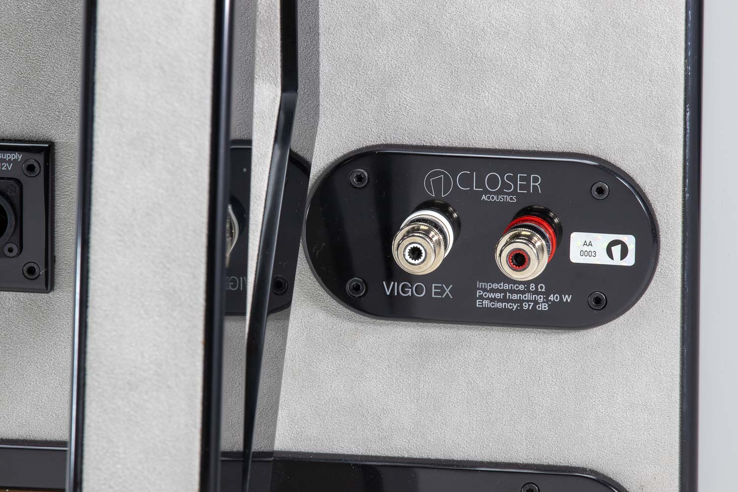 Closer Acoustics VIGO EX loudspeakers – close-up of the speaker terminals, showcasing high-quality connection points