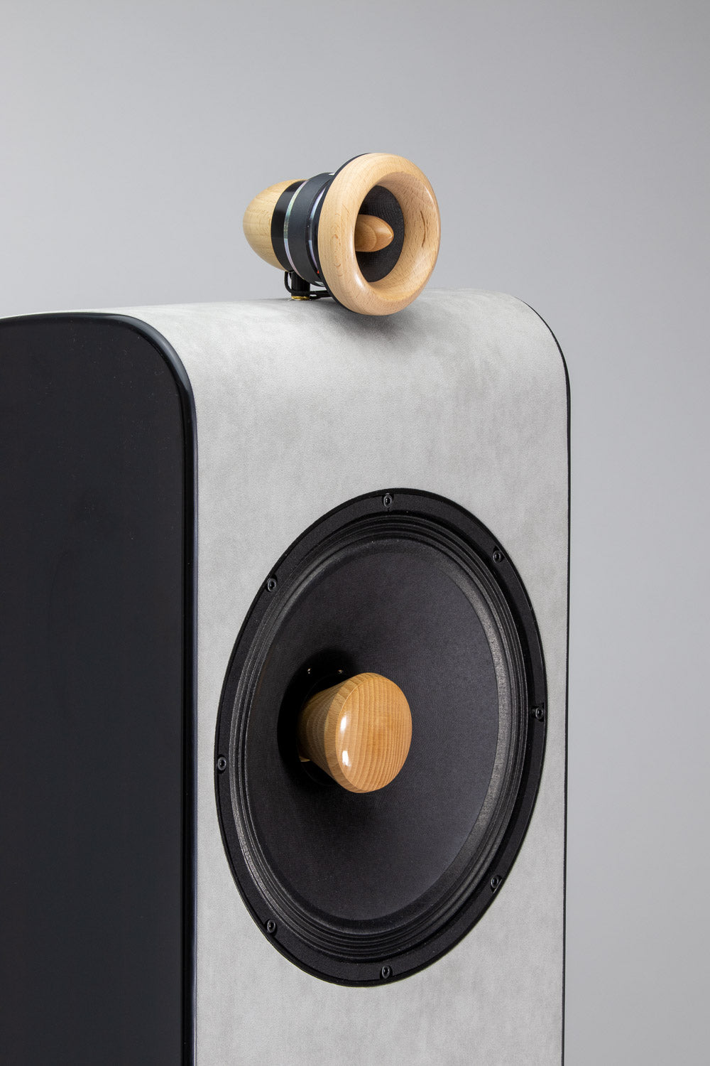 Close-up of the driver and tweeter on the Closer Acoustics VIGO Classic loudspeaker, highlighting the advanced audio technology and the refined sound quality